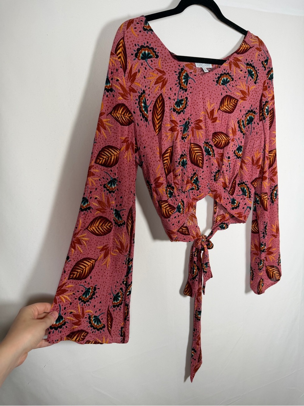 Women’s Fall Autumn Leave Flare Sleeve Open Back Tie Blouse Fairy Grunge